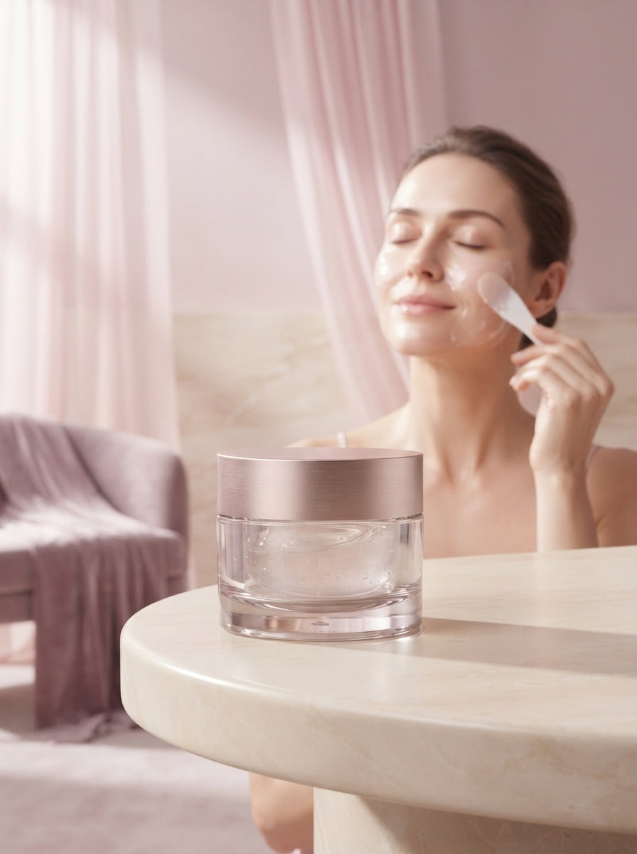 A luxury collagen night mask jar on a marble surface next to silk fabric in a soft, dreamy bedroom setting.
