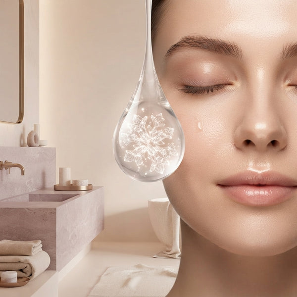 A close-up macro shot of a luminous gel drop hovering near a woman's cheek to represent deep collagen skin absorption.
