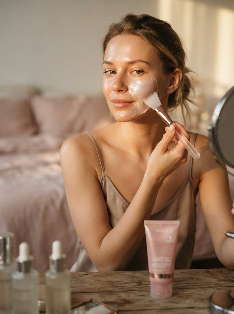 A woman applying a clear skincare mask with a silicone brush in a softly lit, natural home setting.
